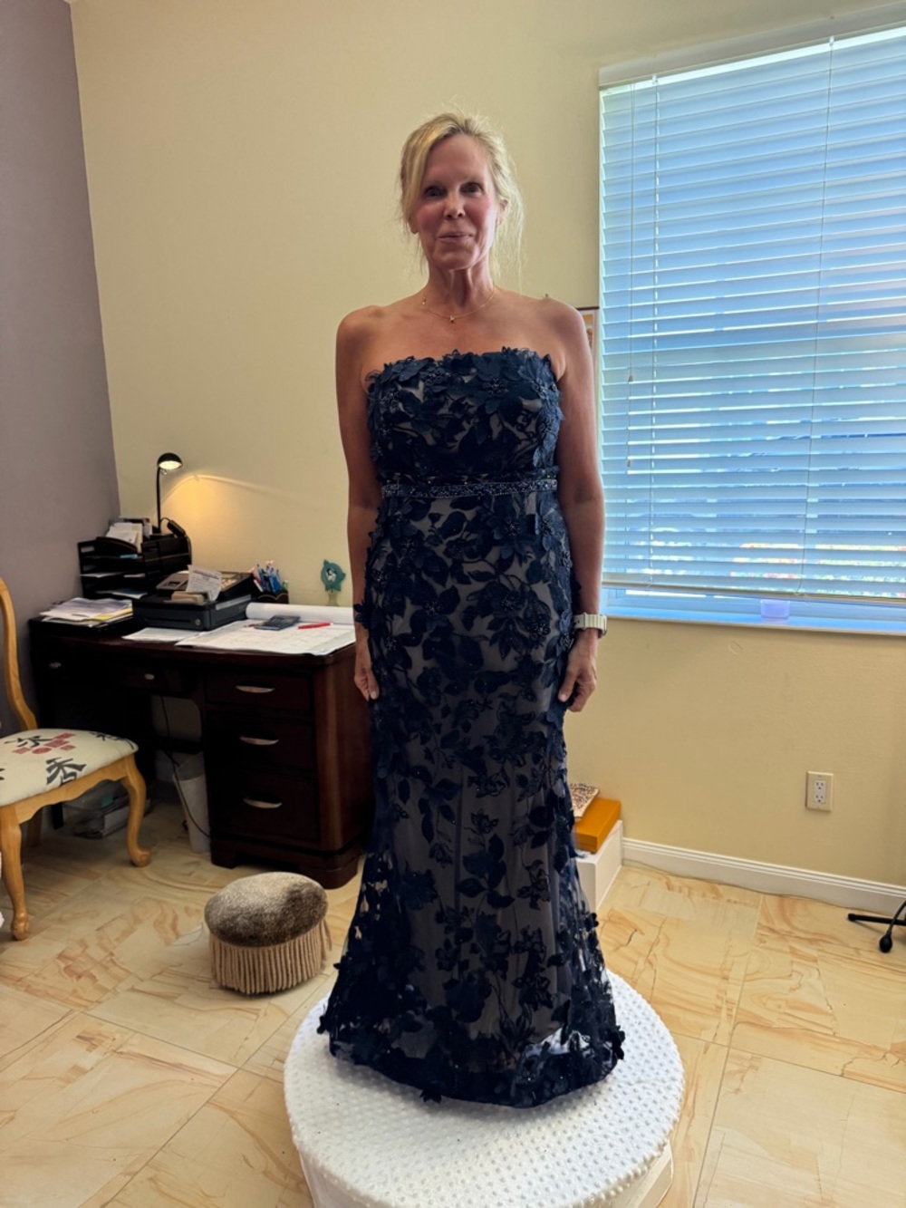 Montage by Mon Cheri Navy Strapless Floral Appliqué Gown